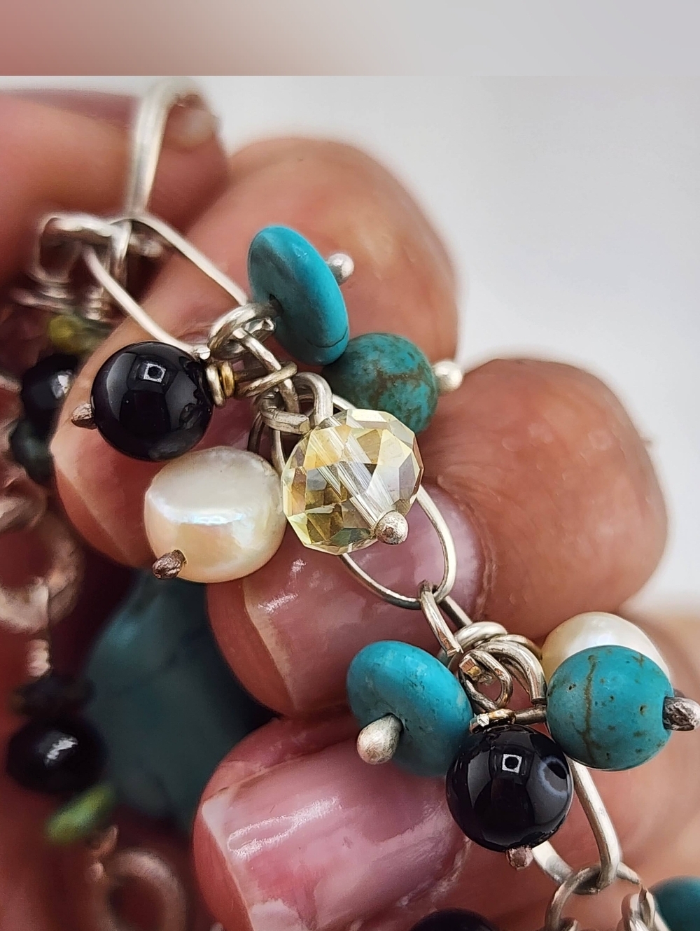 BANGLE HANDMADE BRACELET TURQUOISE, ONYX & PEARLS HANDMADE IN STERLING SILVER - Picture 3 of 14